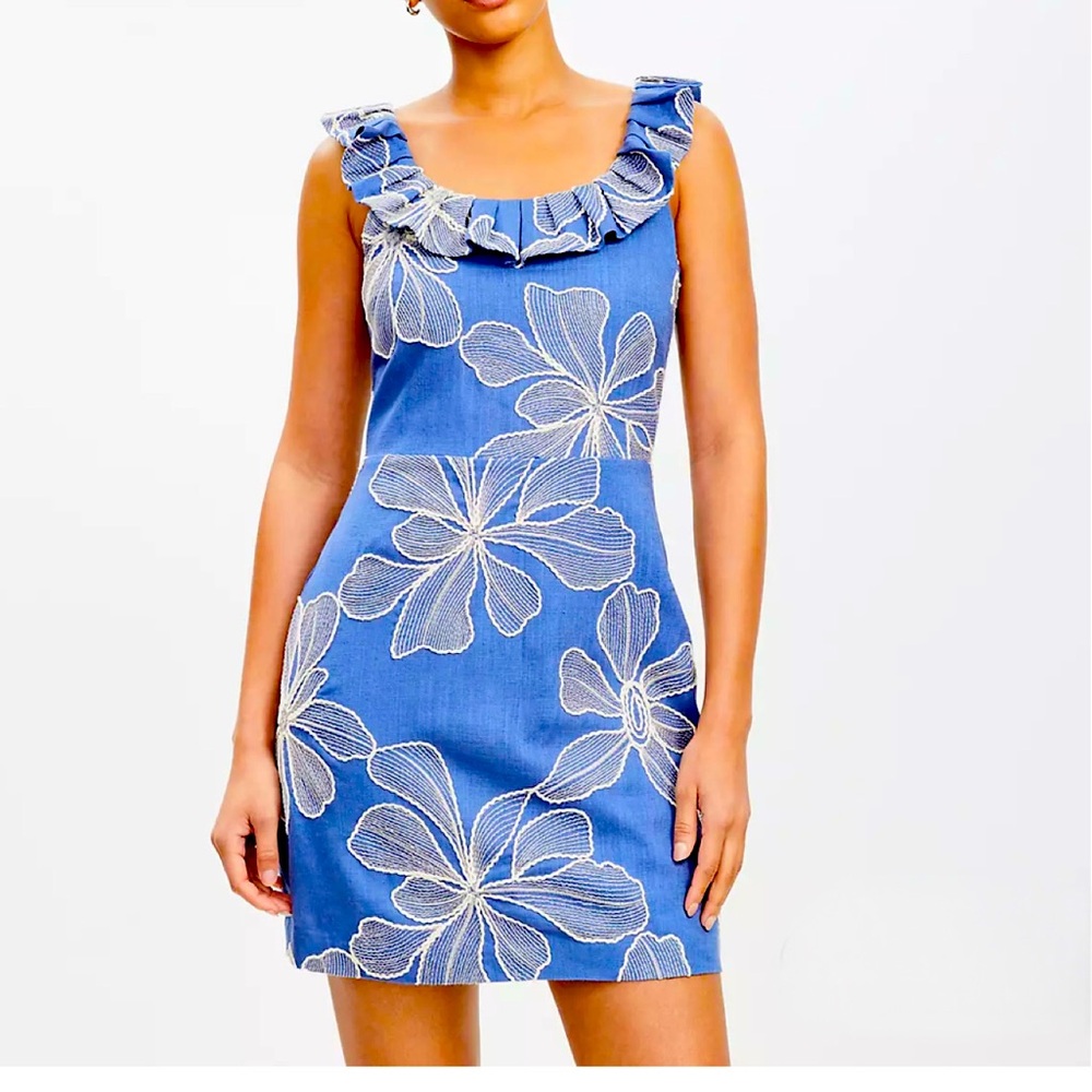 LOFT Blue Floral Ruffle Dress